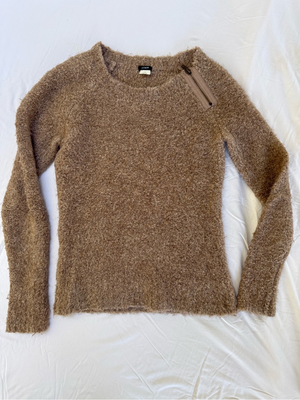 J. Crew Brown Fuzzy Crewneck Sweater with Shoulder Zip